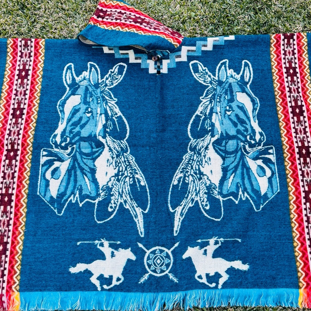 Alpaca Wool Poncho  with horse designs, one size, unisex.
